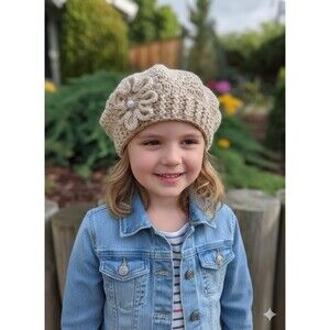 Beige  crochet beret with a flower for girl.
